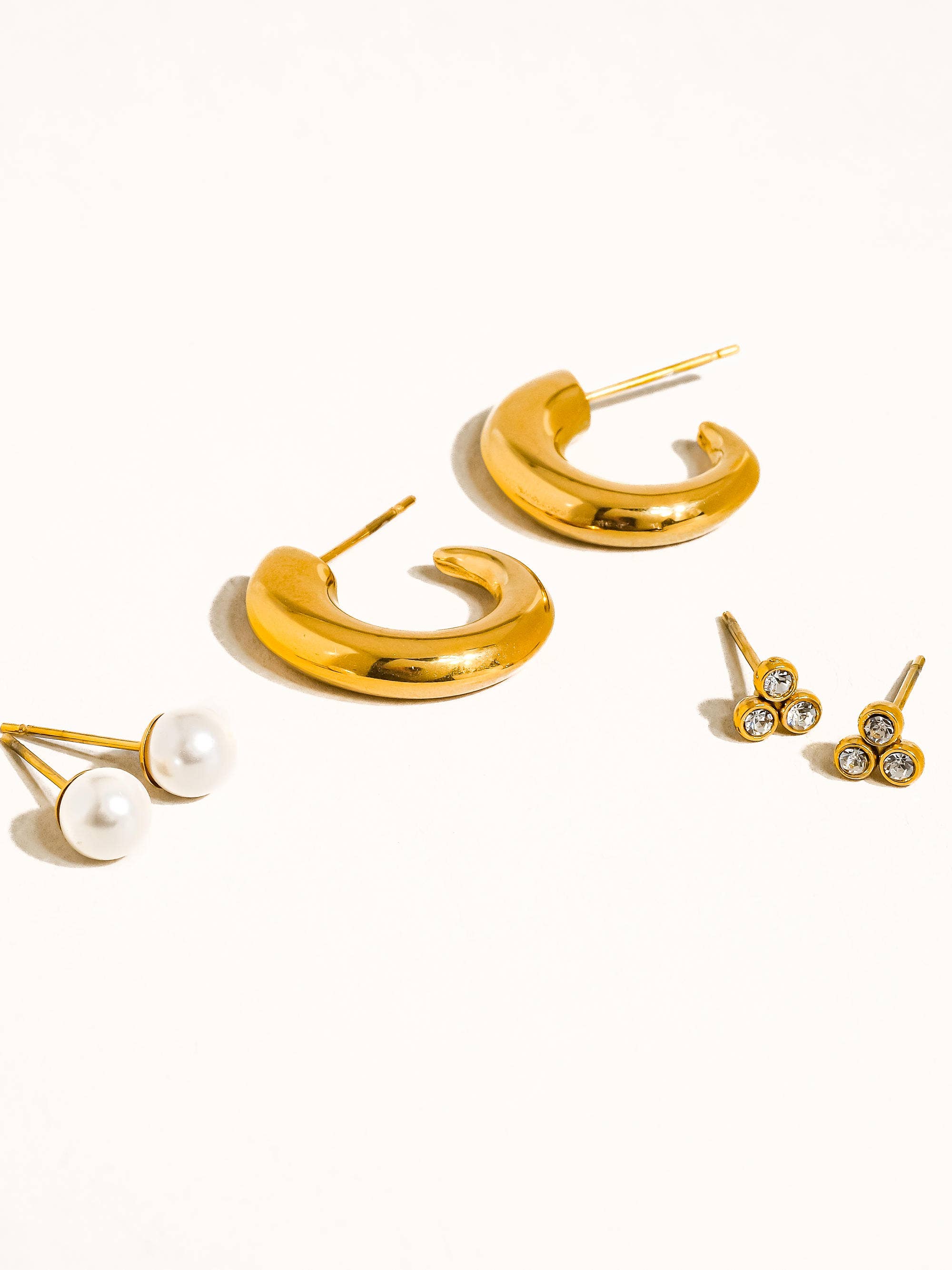 Carine 18K Gold Non-Tarnish Hoops, Pearl, CZ Earring