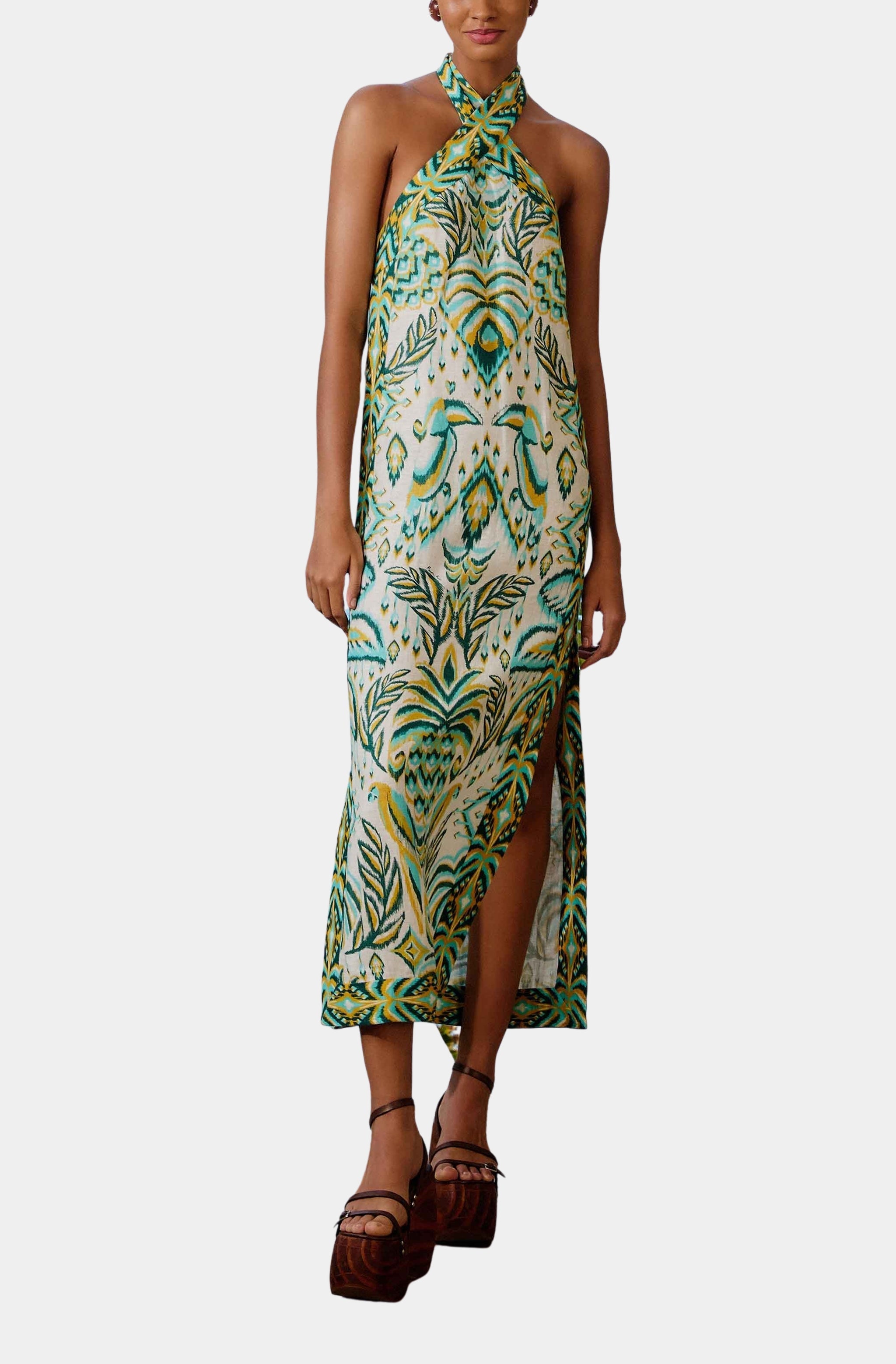 Tropical Tapestry Off-White Halter Neck Maxi Dress – Hemline Ridgeland Tropical Tapestry Off-White Halter Neck Maxi Dress – Hemline Ridgeland