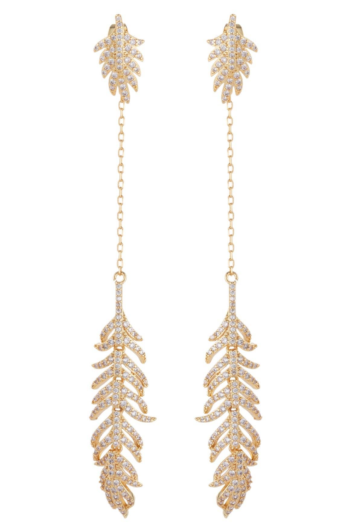 Feather 18K Gold Plated CZ Crystal Drop Earring