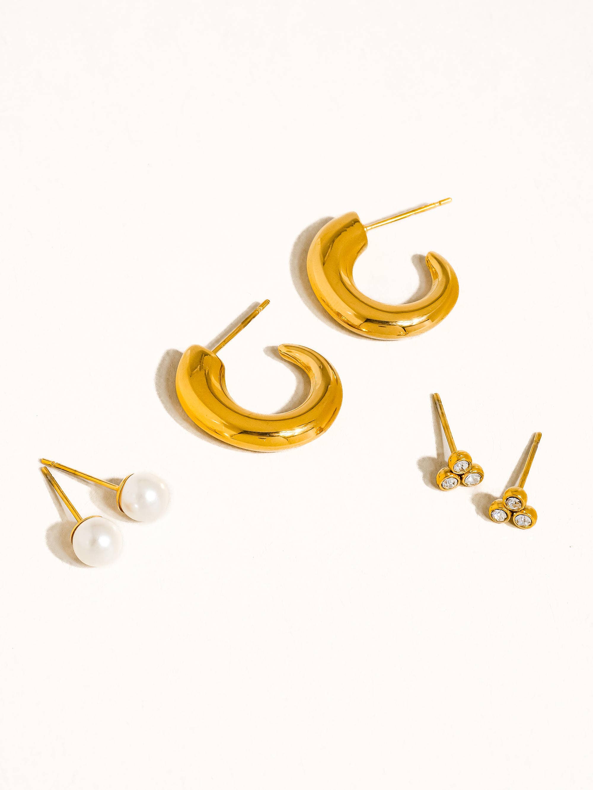 Carine 18K Gold Non-Tarnish Hoops, Pearl, CZ Earring