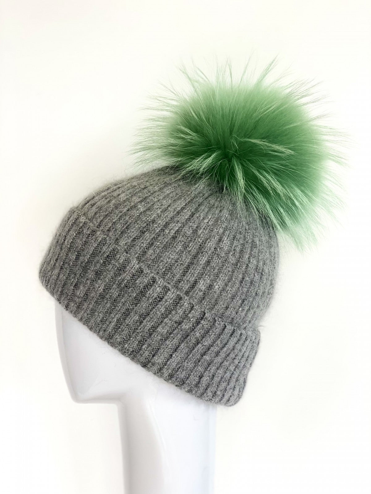 Linda Richards genuine fur wool knit green pom hat Linda Richards Angora Blend Hat with Genuine Fur Pom Pom  main image 4