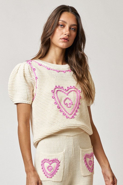Heart Embroidery Puff Sleeve Sweater Top