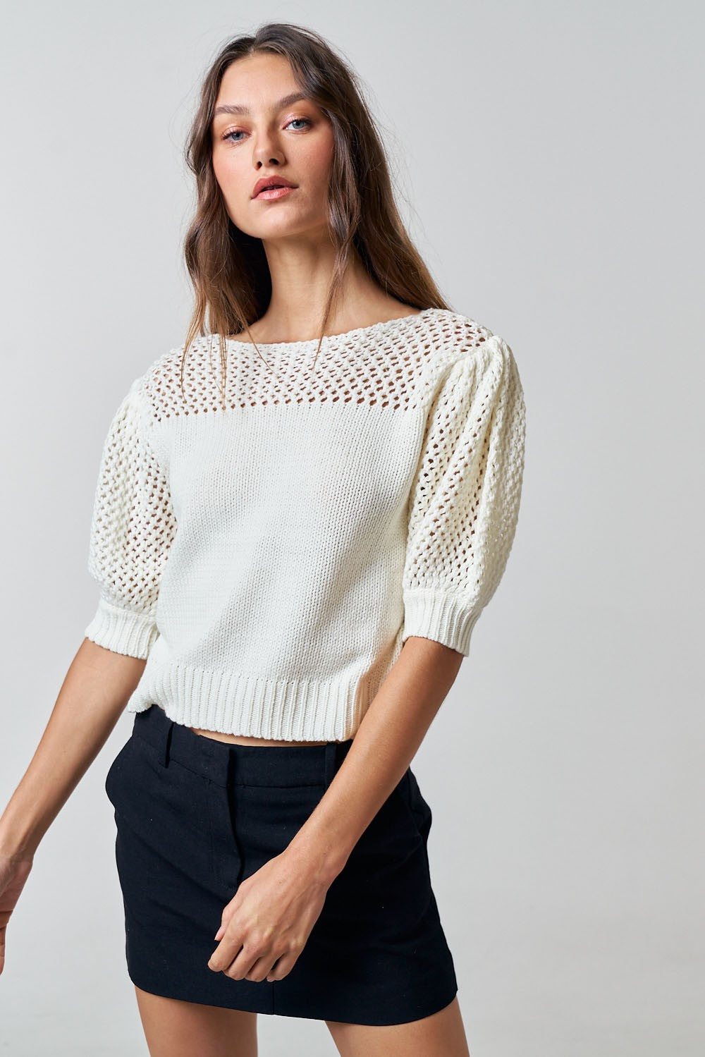Contrast Detail Puff Sleeve Sweater Top