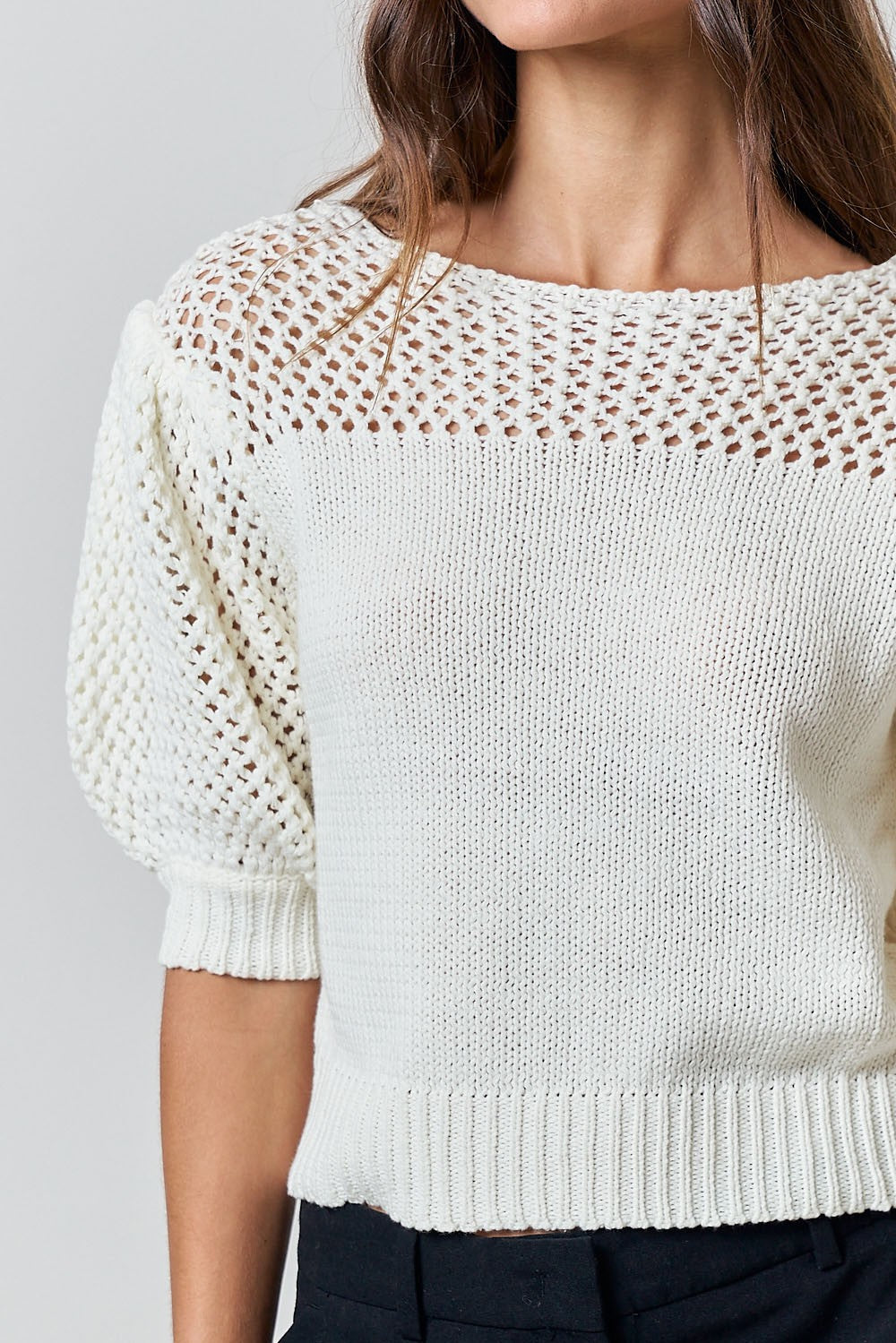 Contrast Detail Puff Sleeve Sweater Top