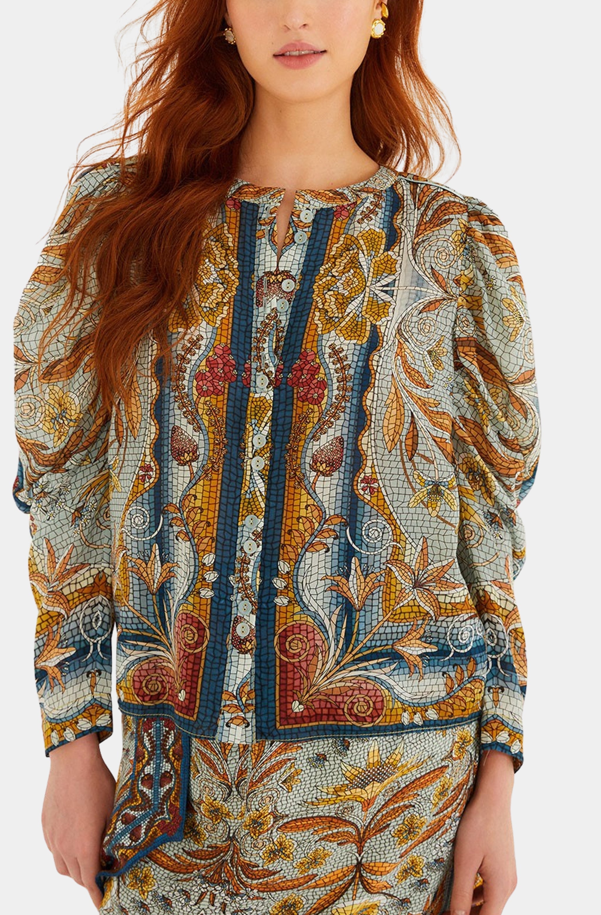 Mosaic Garden Blue Long Sleeve Blouse