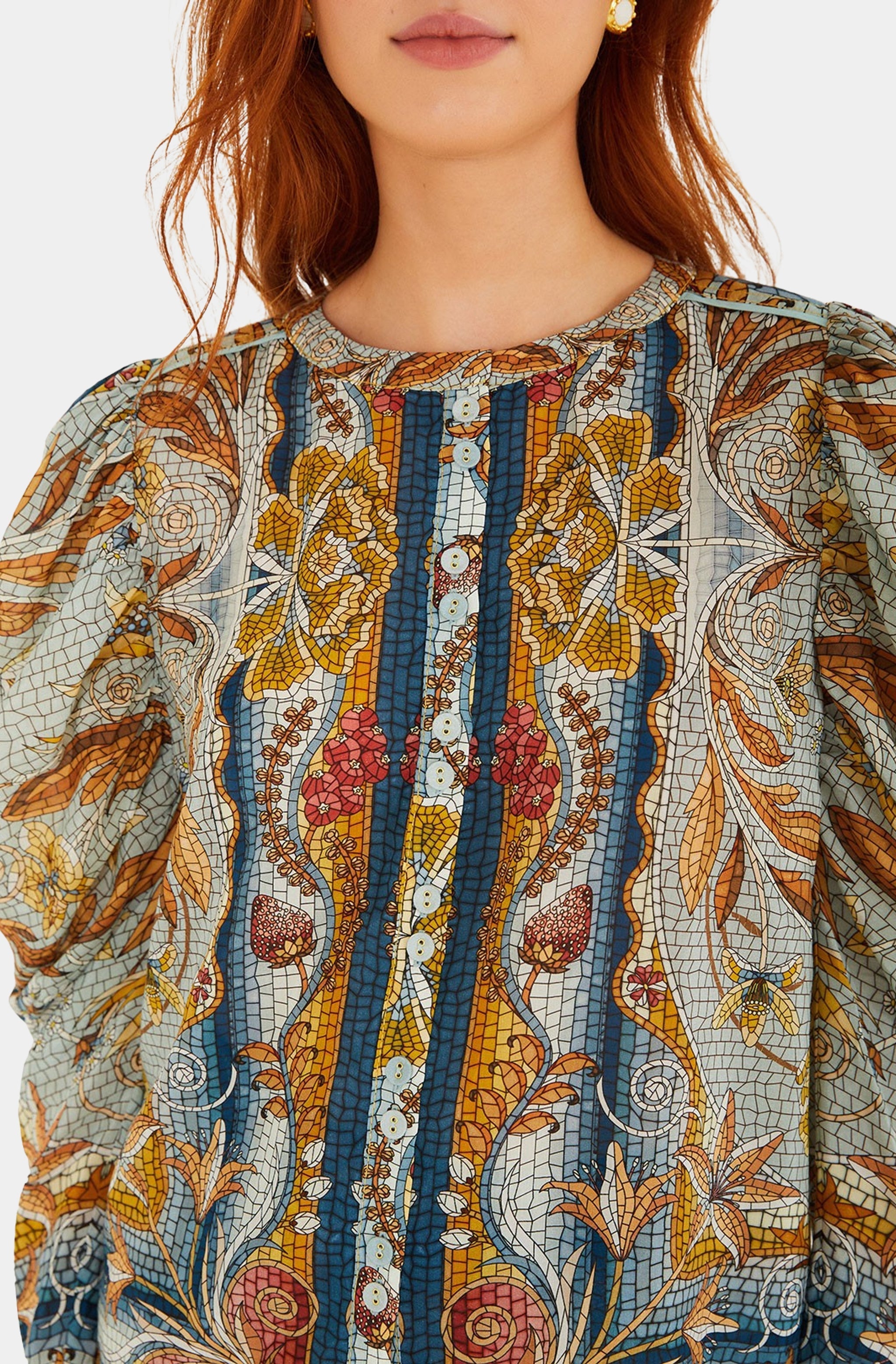 Mosaic Garden Blue Long Sleeve Blouse