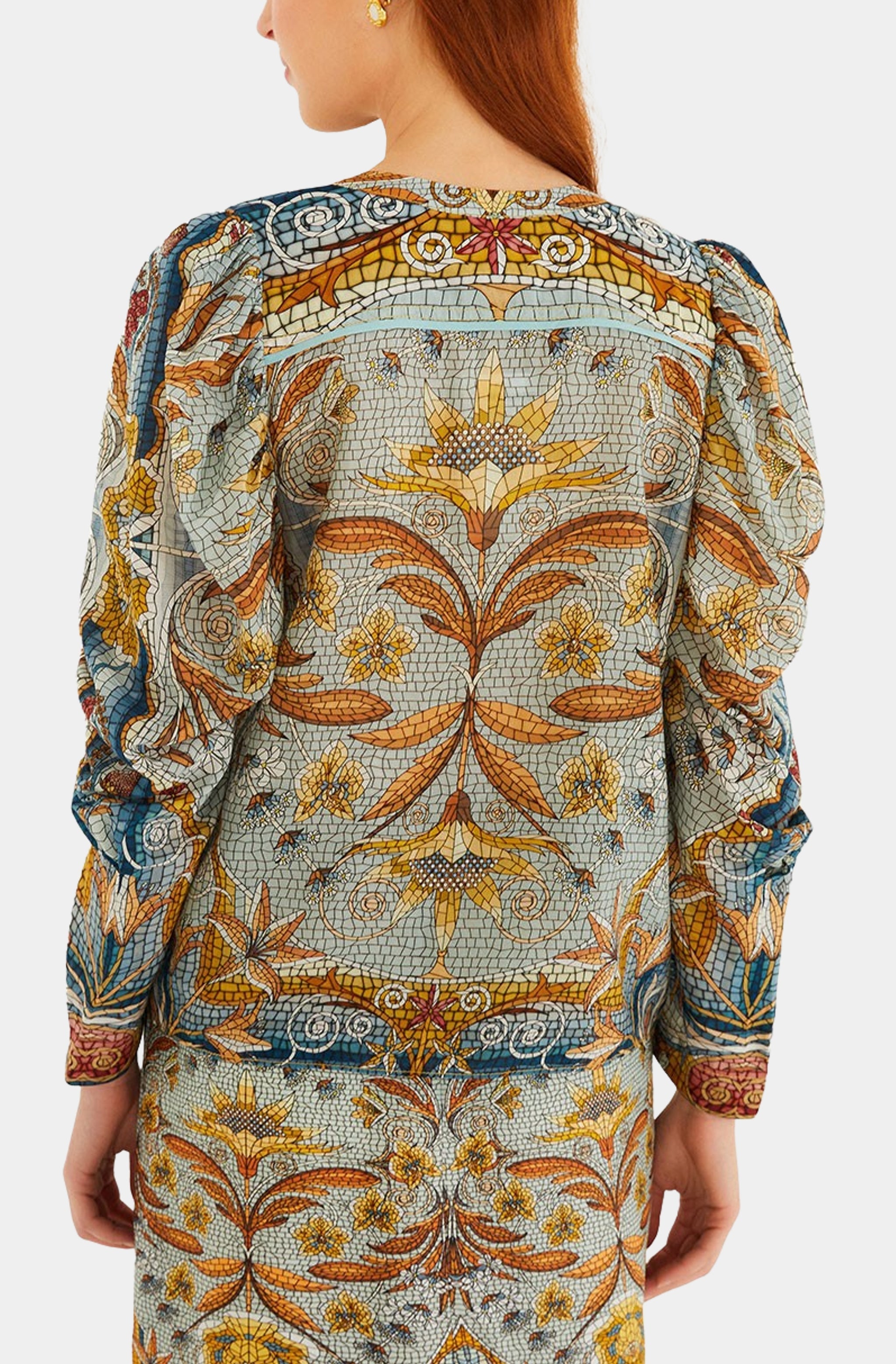 Mosaic Garden Blue Long Sleeve Blouse