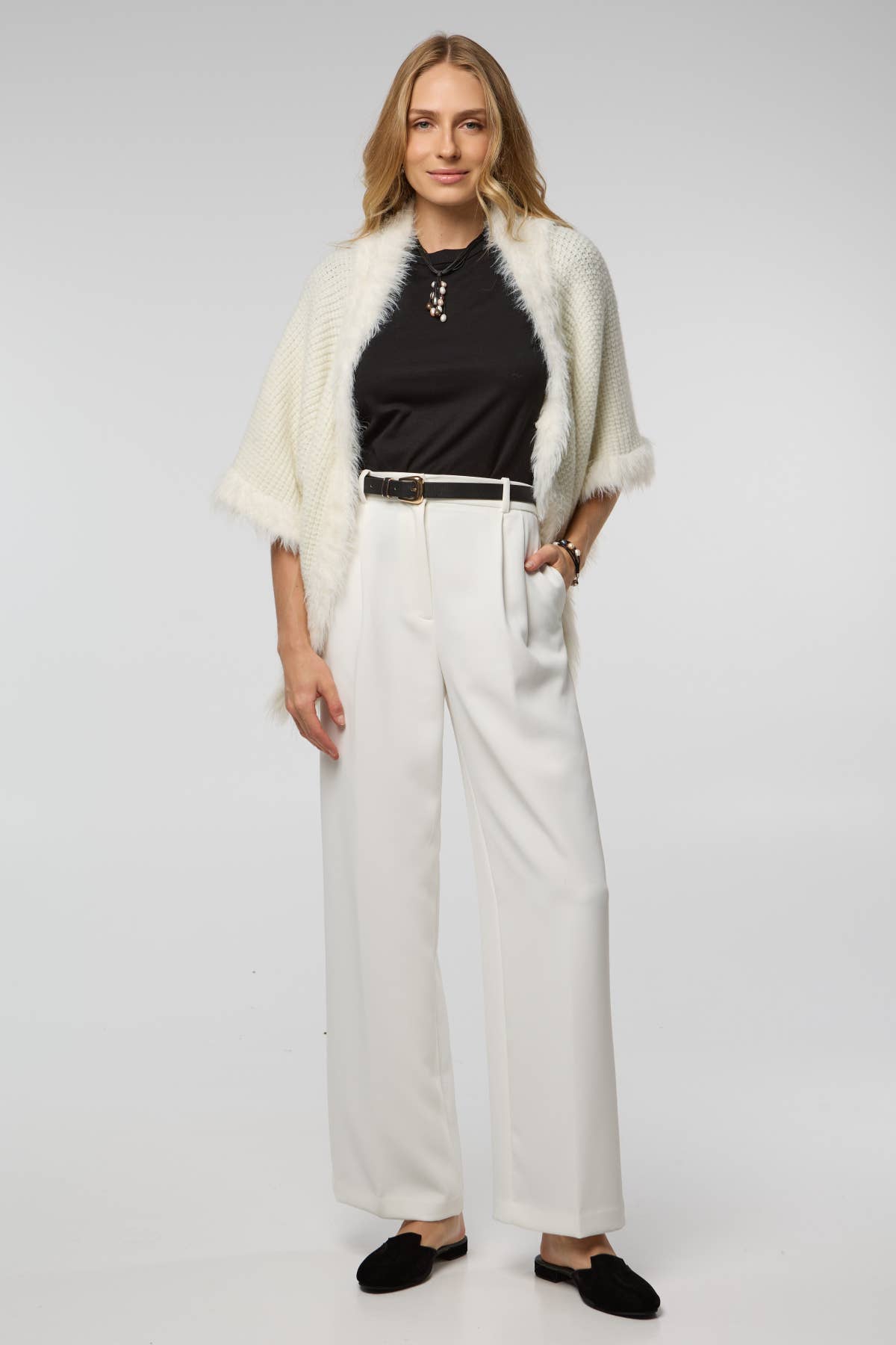 Fur Trim Knit Open Cardigan