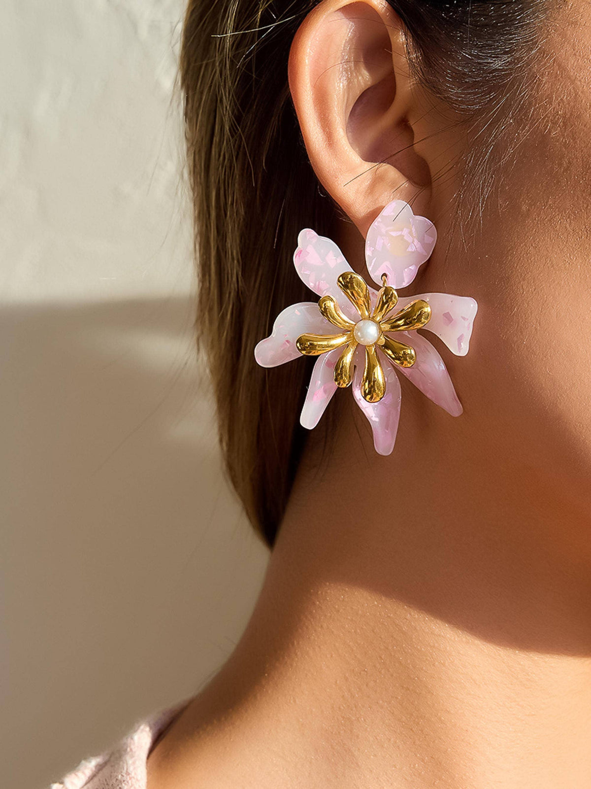Oona 18K Gold Non-Tarnish Pink Floral Statement Earrings