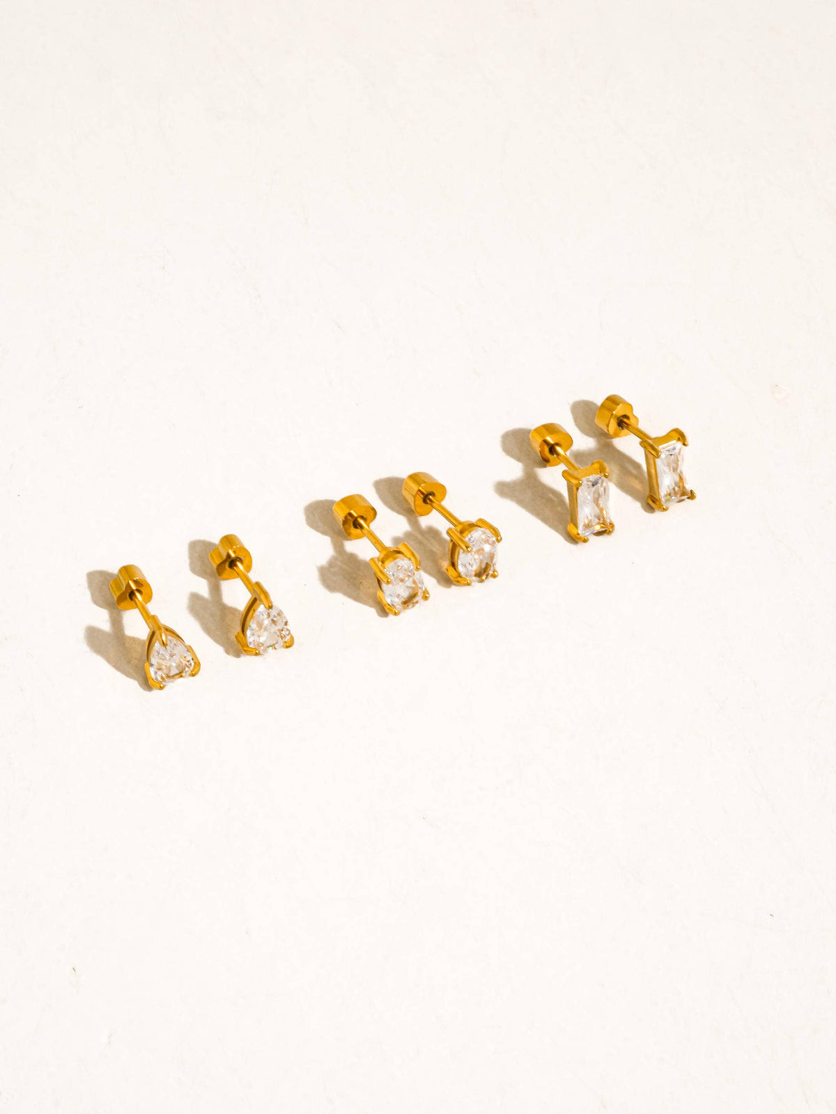 Pureté 18K Gold Non-Tarnish Pear &amp; Oval CZ Stud Earrings Set