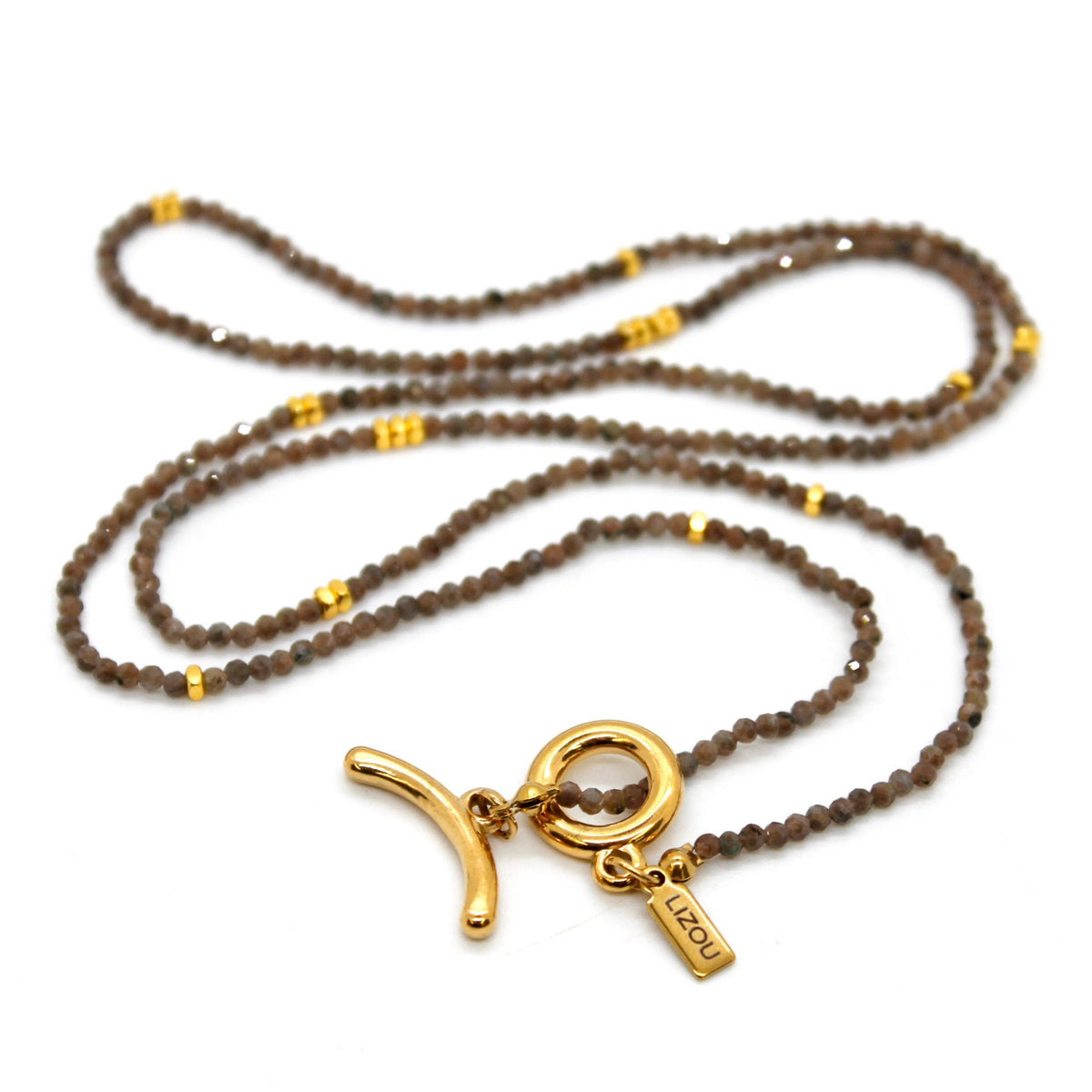 Long Coffee Labradorite Stone and Gold Luxury Necklace