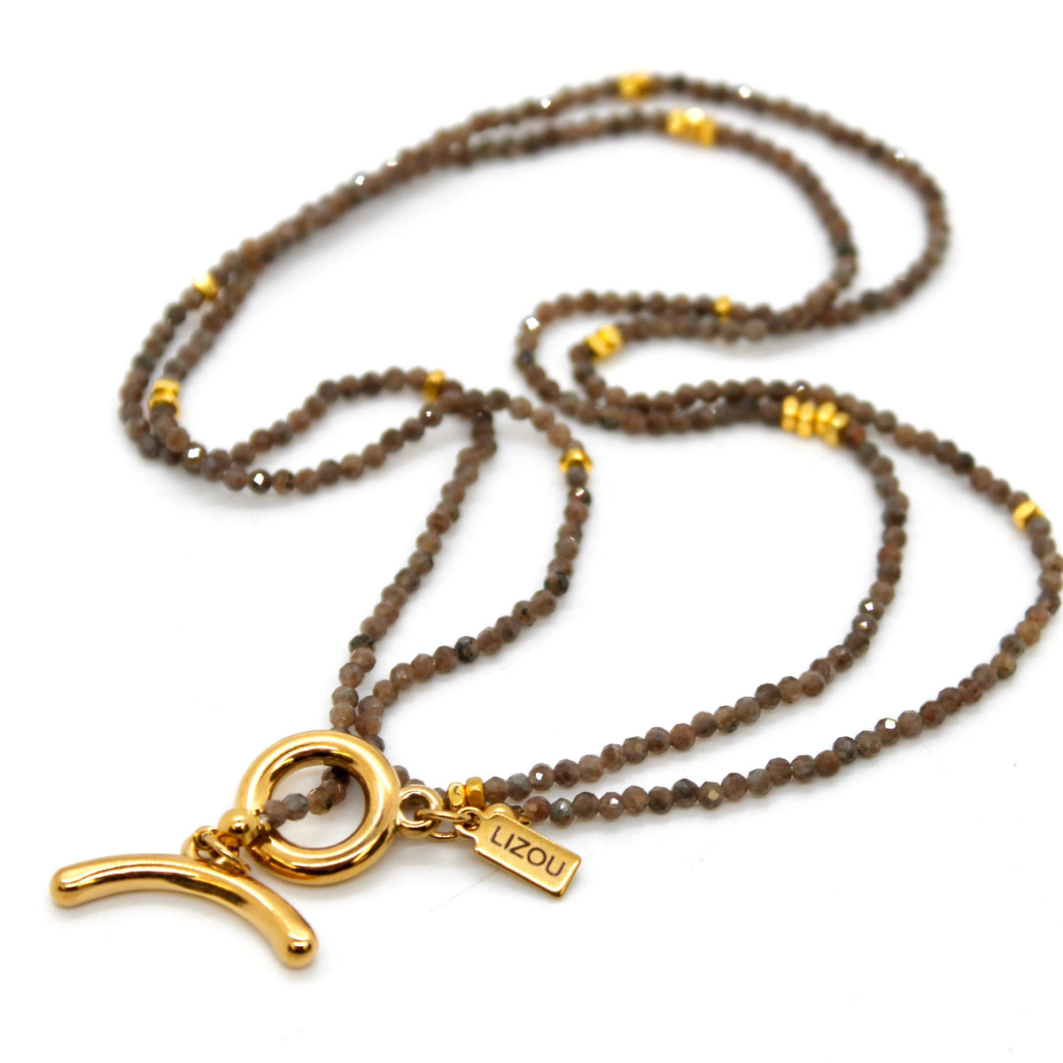 Long Coffee Labradorite Stone and Gold Luxury Necklace
