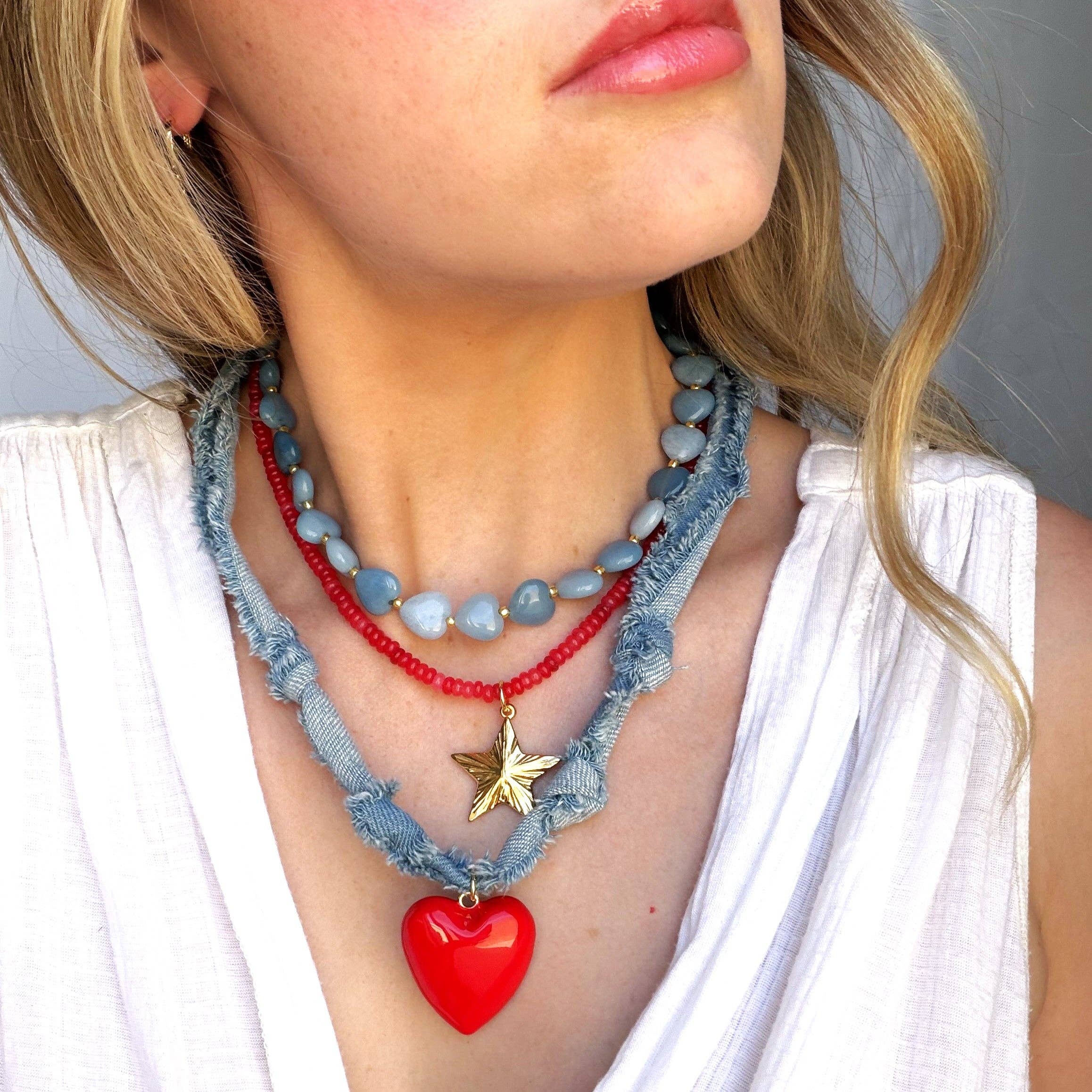 Denim &amp; Red Heart Necklace