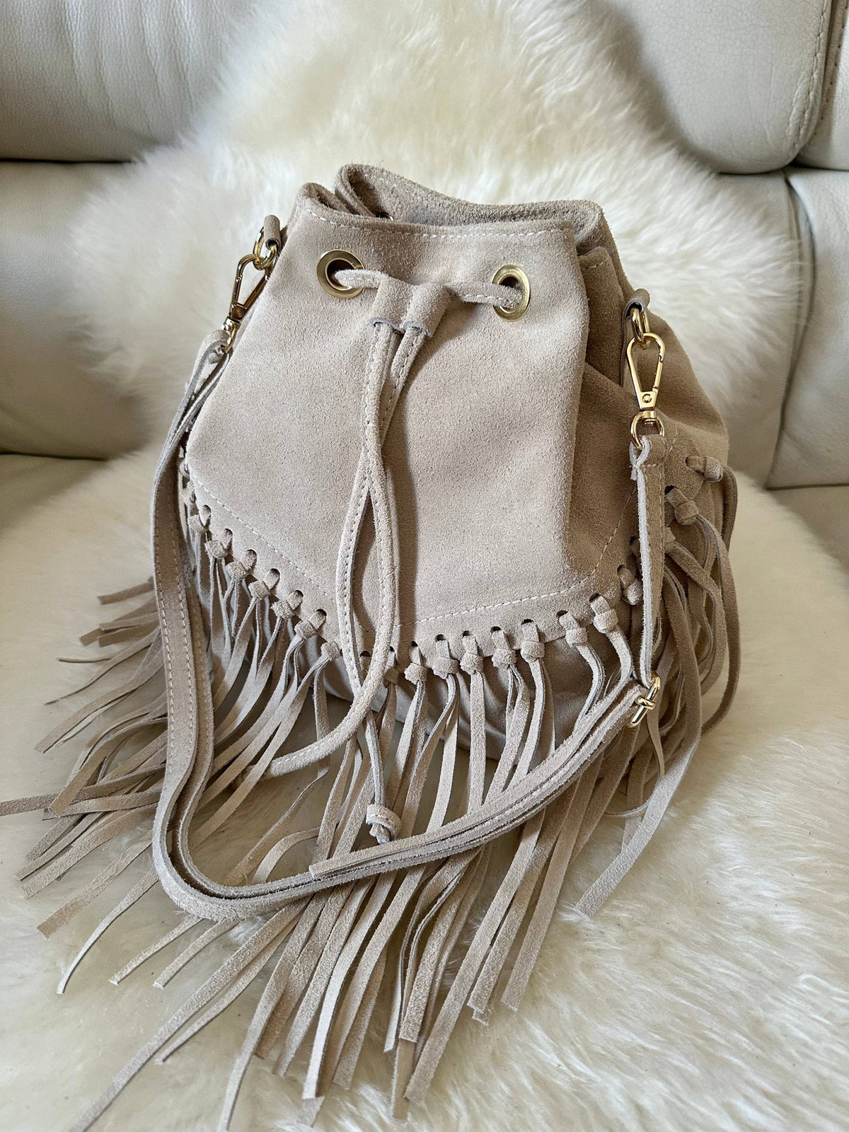 Suede Bucket Bag - Fringe