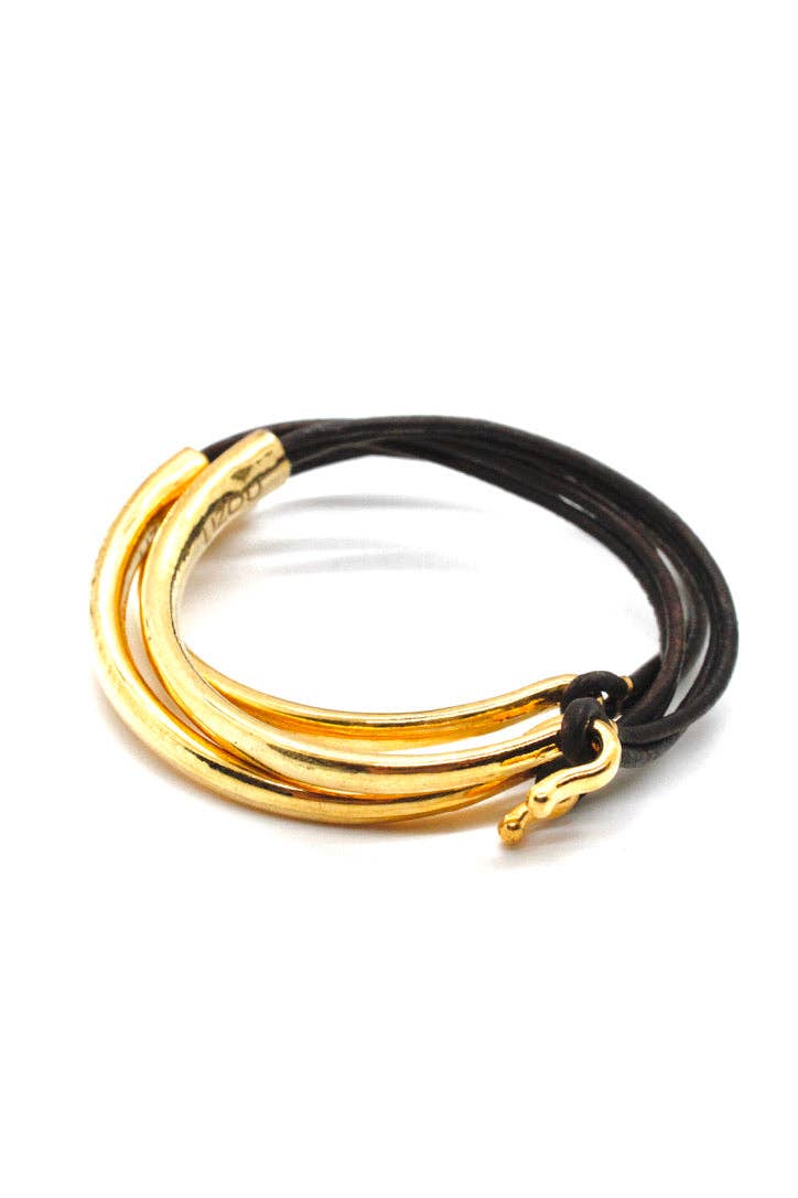 Dark Brown Leather + 24K Gold Plate Bangle