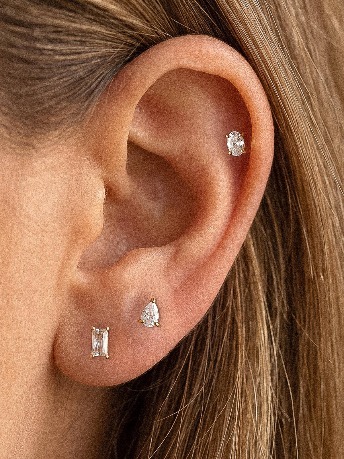 Pureté 18K Gold Non-Tarnish Pear &amp; Oval CZ Stud Earrings Set