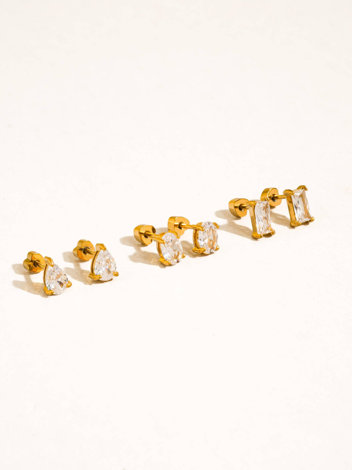Pureté 18K Gold Non-Tarnish Pear &amp; Oval CZ Stud Earrings Set
